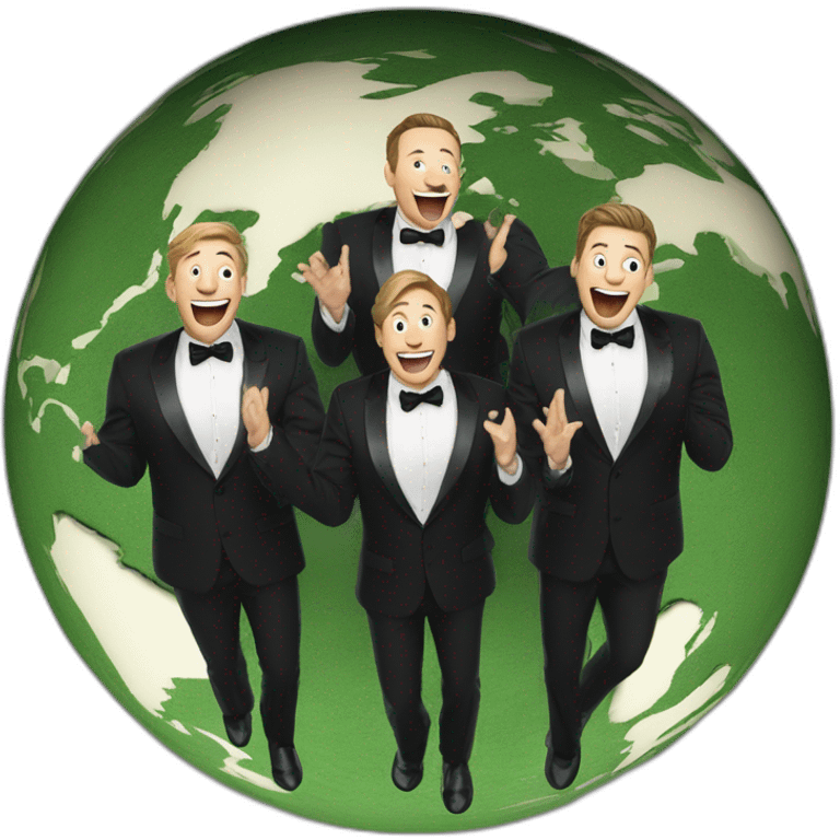 3 white men in tuxedo laughing with their palms raised behind a miniature earth on the ground emoji