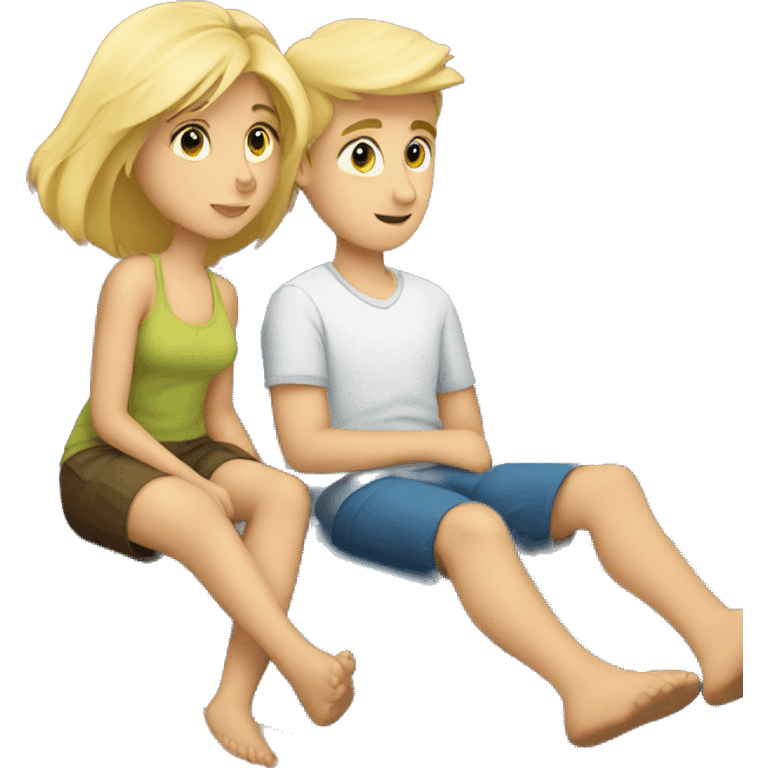 A boy and a blond girl layed down in sofa watching tv emoji