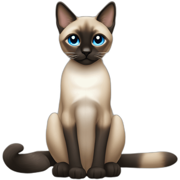 Khaki brown and black siamese Cat sitting down with blue eyes and white chin and white paws emoji