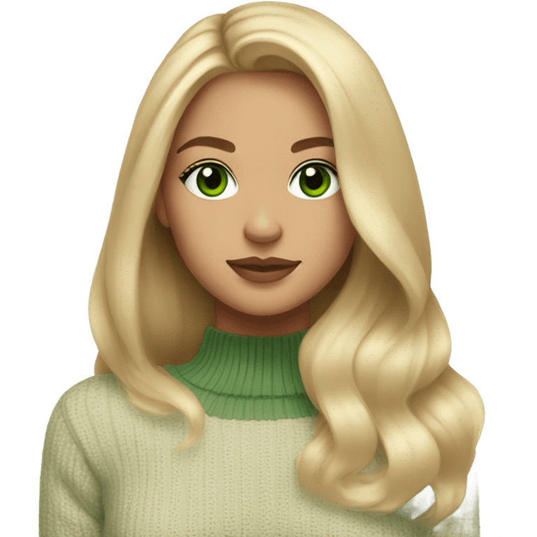 blonde girl with green eyes, smooth skin, sweater, long blow out hair, baddie, middle part emoji