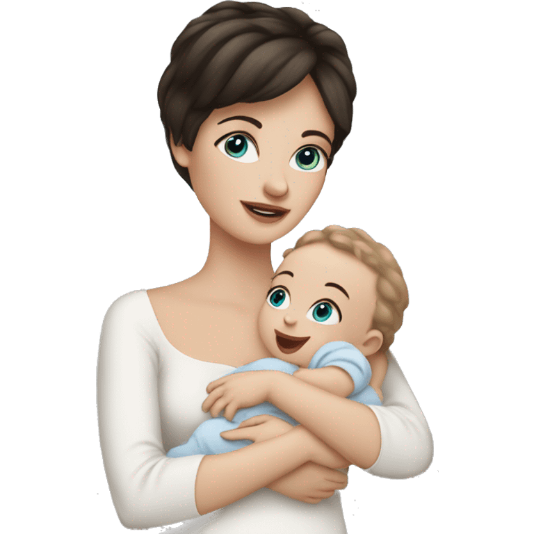 mom holding newborn baby girl with blue eyes and white skin baby dark hair white skin emoji