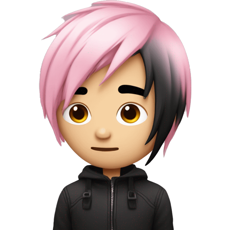 Create an emoji of an emo guy with split-dyed hair—one side pastel pink and the other side black. The hair should have a slightly messy, choppy texture, and the character should have a subtle, sad expression, wearing dark clothing typical of emo fashion emoji