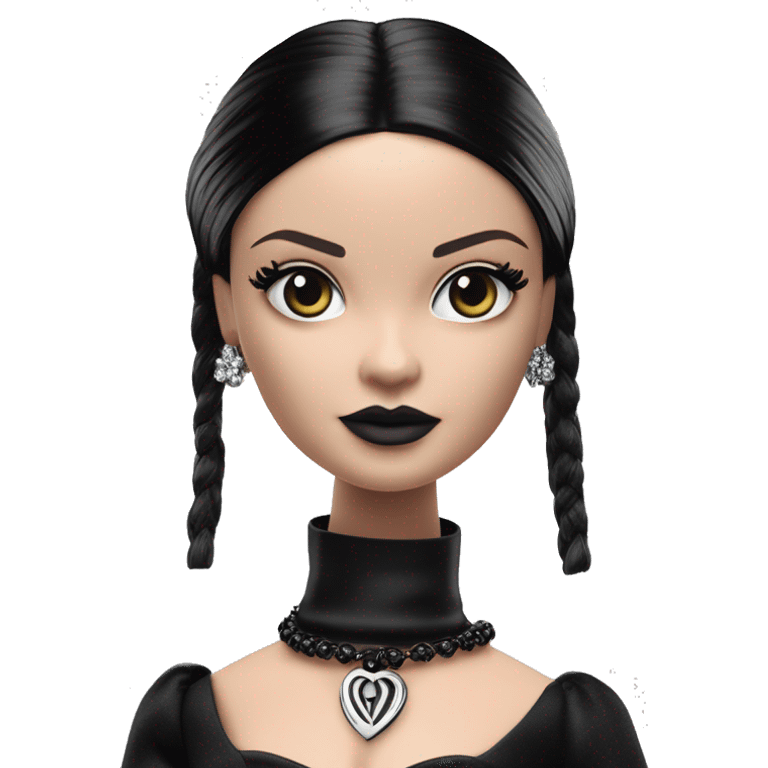  Elegant witch Wednesday Addams Barbie.  Small very light skin face. Earrings with matching necklaces. Long silky raven hair. black flowing strapless tight evening gown neckline that’s off-the-shoulders shows her legs and black high heel shoes. emoji