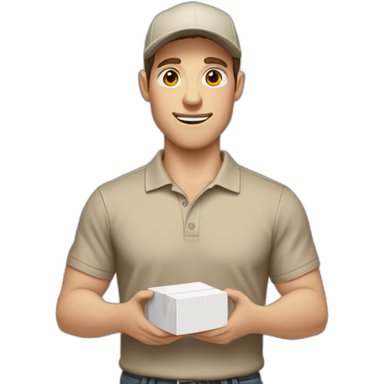 Pale skinned fit Man with dark brown hair in a beige cap, gray jeans and brown polo T-shirt keeping a pasted with tape white box into his hands emoji