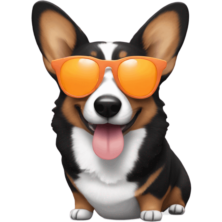 Black corgi with sunglasses eating a peach emoji