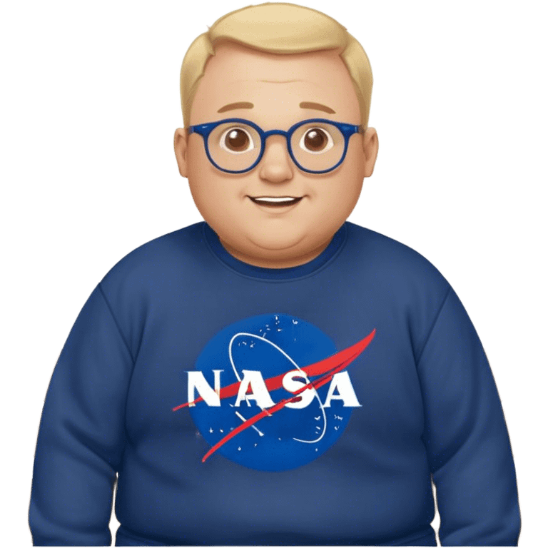 happy chubby man, bench Press,  blond short and hight receding hairline, wearing a dark blue sweatshirt, nasa logo on the sweatshirt, round glasses without frame, 40 years old emoji