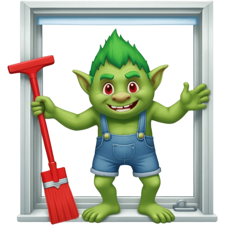 Troll wearing jorts cleaning a window using red squeegee emoji