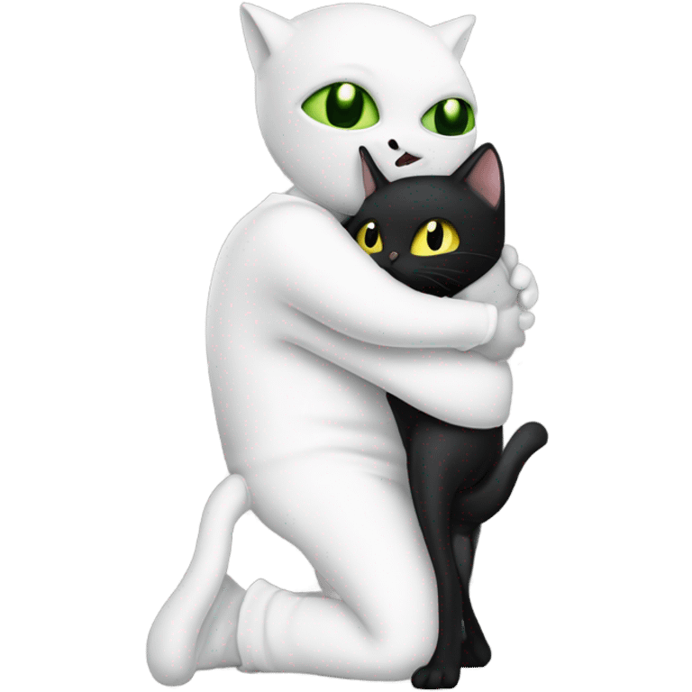 Reptilian alien woman meditation white pajamas, hugs a black white cat emoji