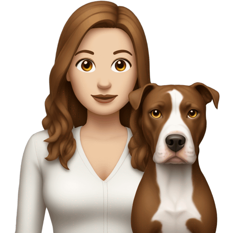 white woman with straight long brown hair standing alongside a white pitbull emoji