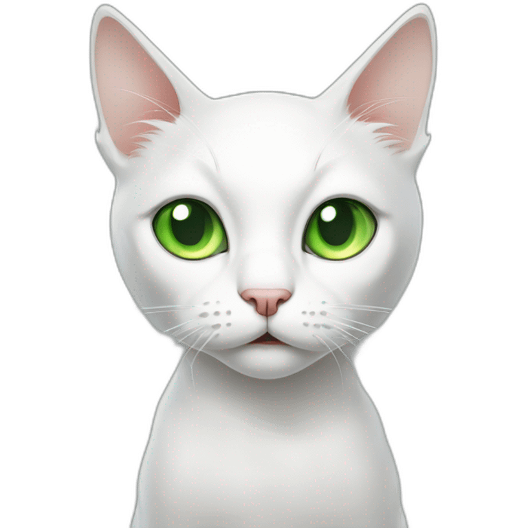 A skinny white cat with green eyes looking confused and meowing emoji