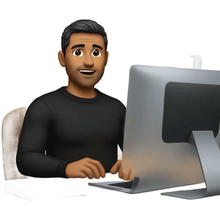     memoji of a man with a laptop in front, apple-style,modern,dark hair,light bear,black sweater,computer in hand,sitting on his desk  emoji