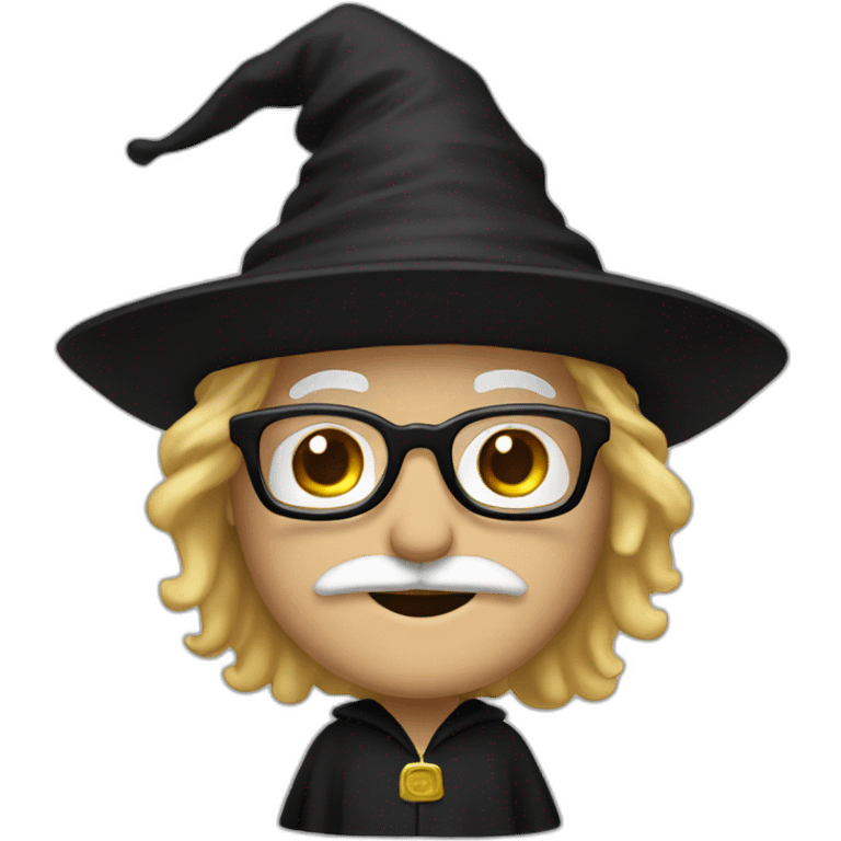 AA man with blond hair and a mustache, wearing a black squared shaped eye glasses, wizard hat, black  robe emoji