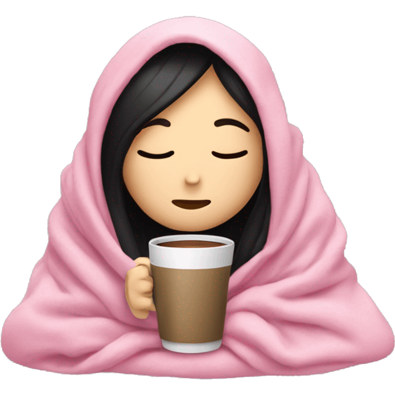 white girl with black straight hair inside a pink blanket sipping coffee eyes closed emoji