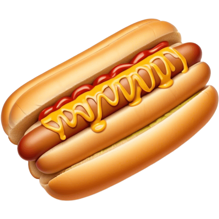 Cinematic classic hot dog, nestled in a soft toasted bun, drizzled with mustard and ketchup, juicy and flavorful, warm golden tones, ultra-detailed and mouthwatering. emoji