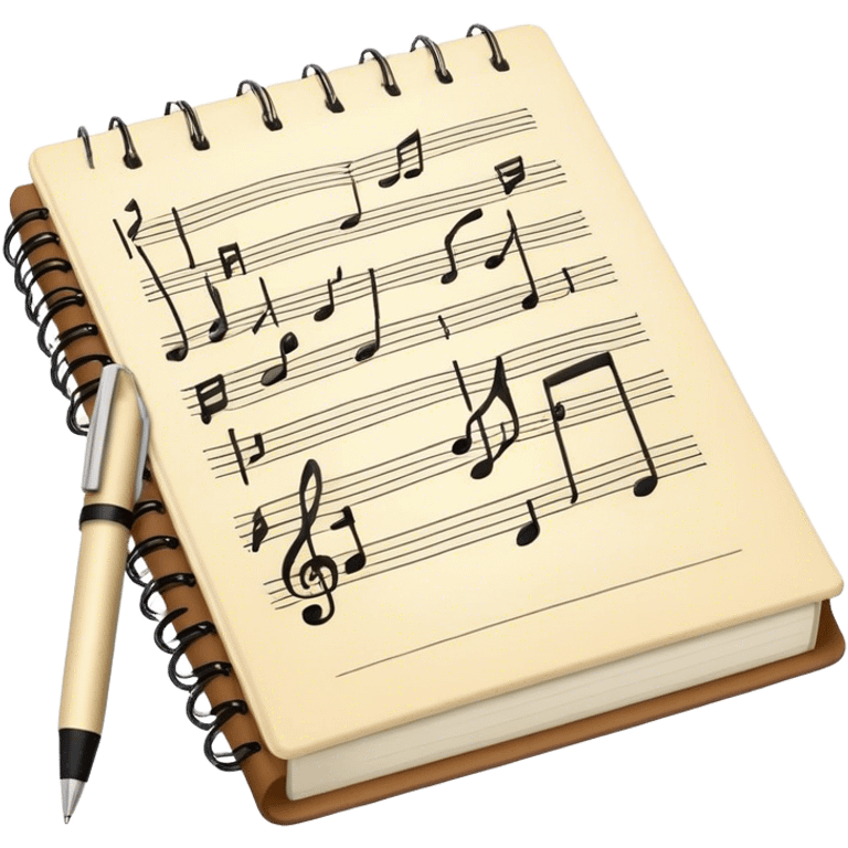 Create an emoji representing songwriting. The design should feature an open notebook or sheet music with visible lyrics and musical notes, symbolizing the process of writing song lyrics. A pen or pencil should be placed near the notebook, indicating active writing. Optionally, include a vintage microphone or a quill to add a creative touch. Use a harmonious color palette with warm and neutral tones. Do not include any emojis or smiley faces. Make the background transparent. emoji