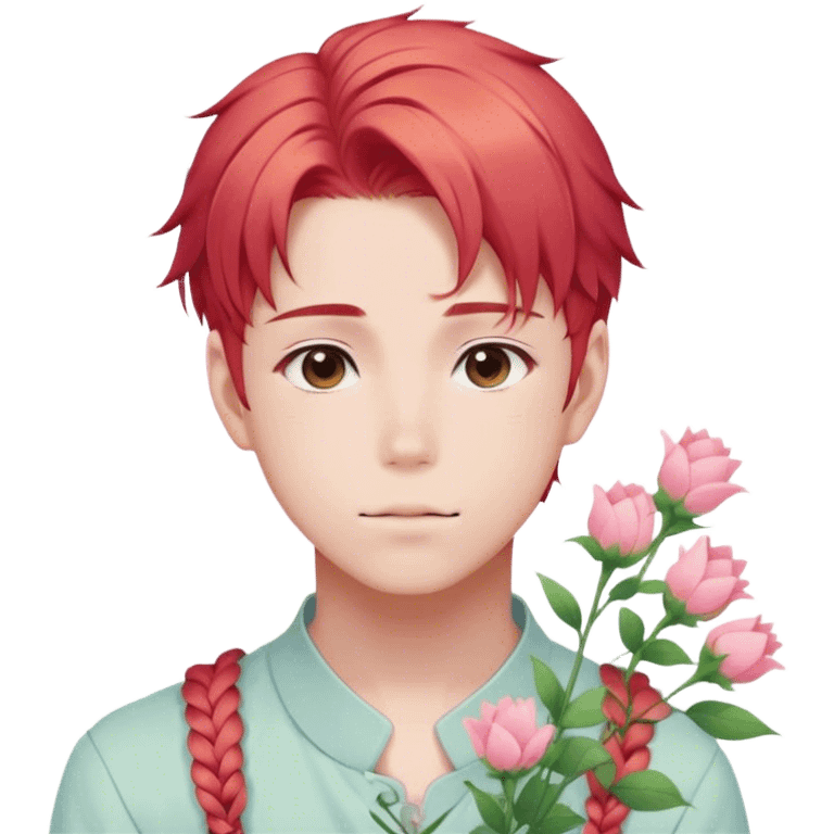 Gorgeous pastel red hair with a thin braid on the side anime style shojo guy with blushing face and flowers aesthetic trending style outside emoji