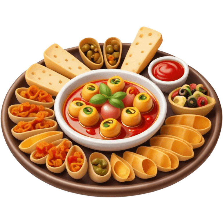 Cinematic Realistic Tapas Dish Emoji, depicted as an assortment of small, flavorful Spanish appetizers rendered with vibrant detail and warm, inviting lighting. emoji