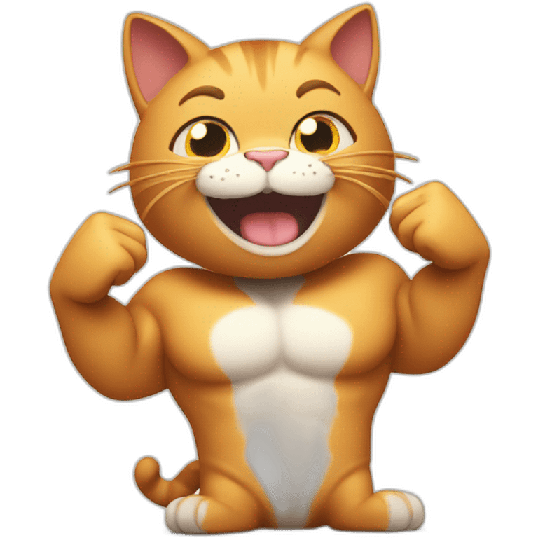 cat with thumbs up muscles and big smile showing the whole body and big muscles emoji