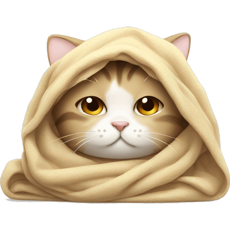 tired cute cat with blanket wrapped around head  emoji