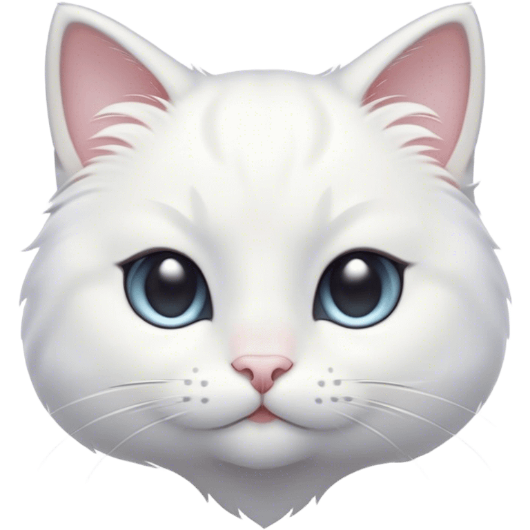 Cinematic Cute White Cat Portrait Emoji, Head tilted with a soft, gentle smile and sparkling eyes, featuring a silky, pristine white fur with subtle silver highlights, simplified yet irresistibly adorable, highly detailed, glowing with a warm, snowy glow, high shine, radiating affectionate charm and tender grace, styled with a light, playful outline, capturing the essence of a cute white cat that looks as if it could melt your heart with a single blink! emoji