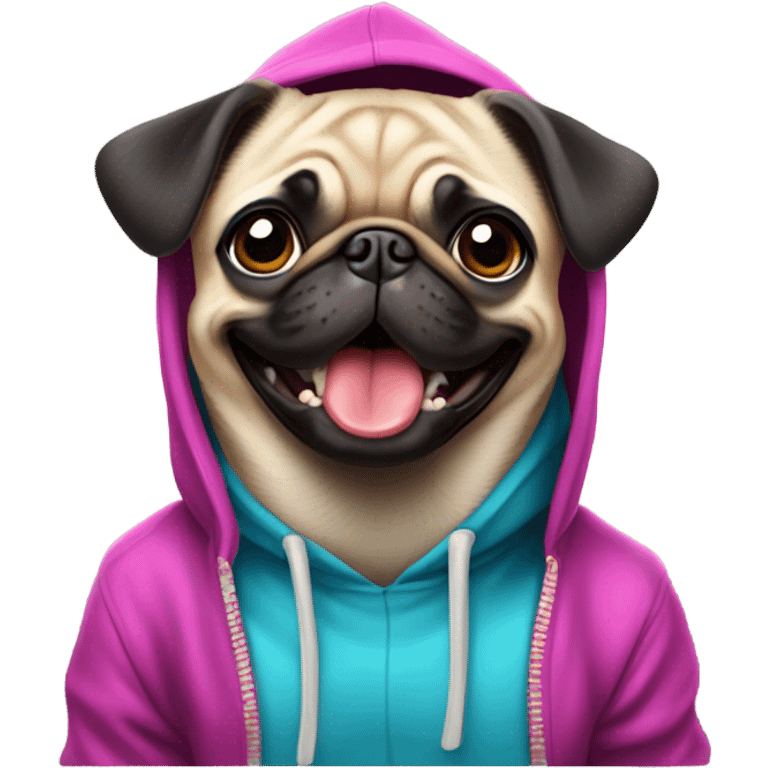 Dog (pug) wearing a hoodie smiling emoji