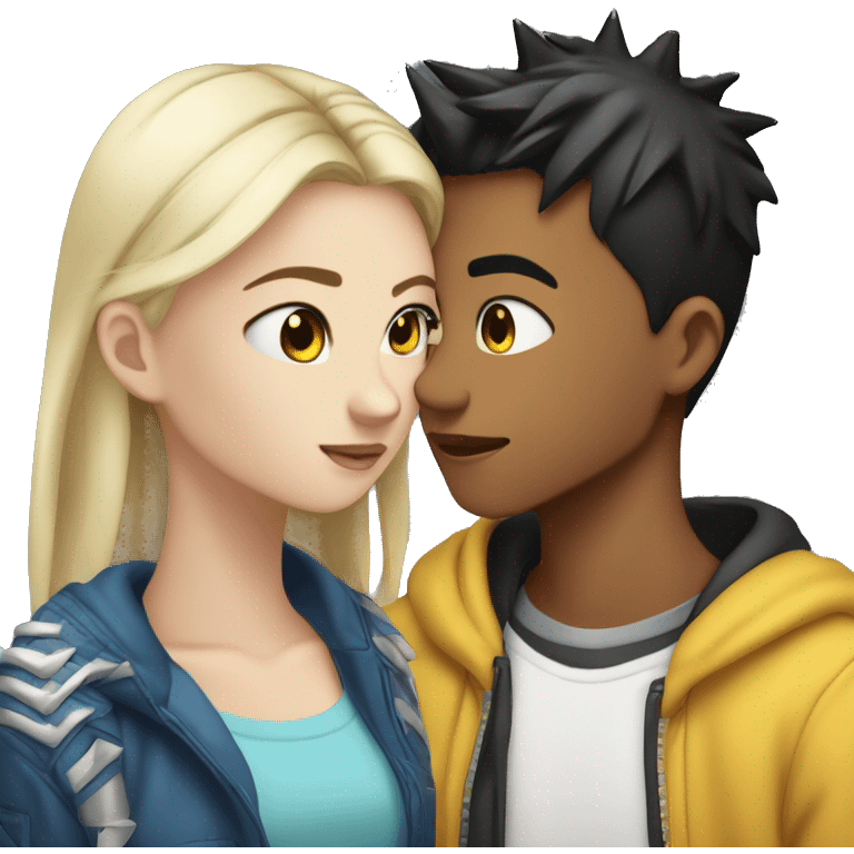 asian teenage boy with black spiky  with ear piercings and white teenage girl with long blonde straight hair and blue eyes kissing  emoji