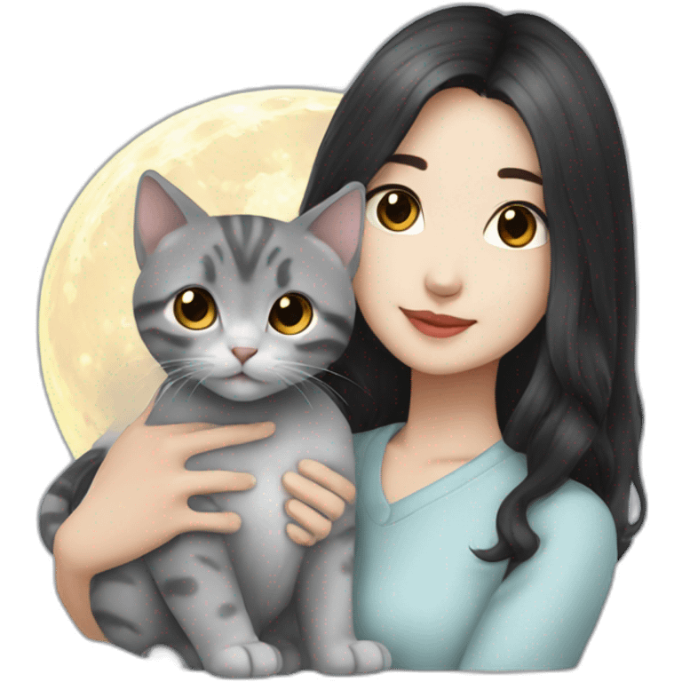 Asian couple dark hair with british grey kitten moon emoji