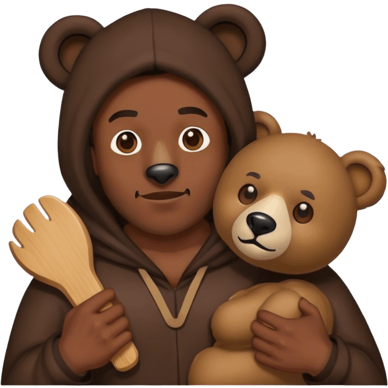 black man wearing a bear costume holding the mask in his hands emoji