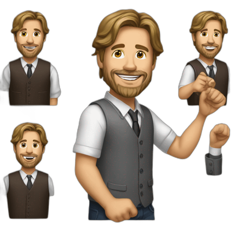 small businessman,Bucket Hat,smile, Brad Pitt, rings on his fingers, beard, vest, realistic emoji