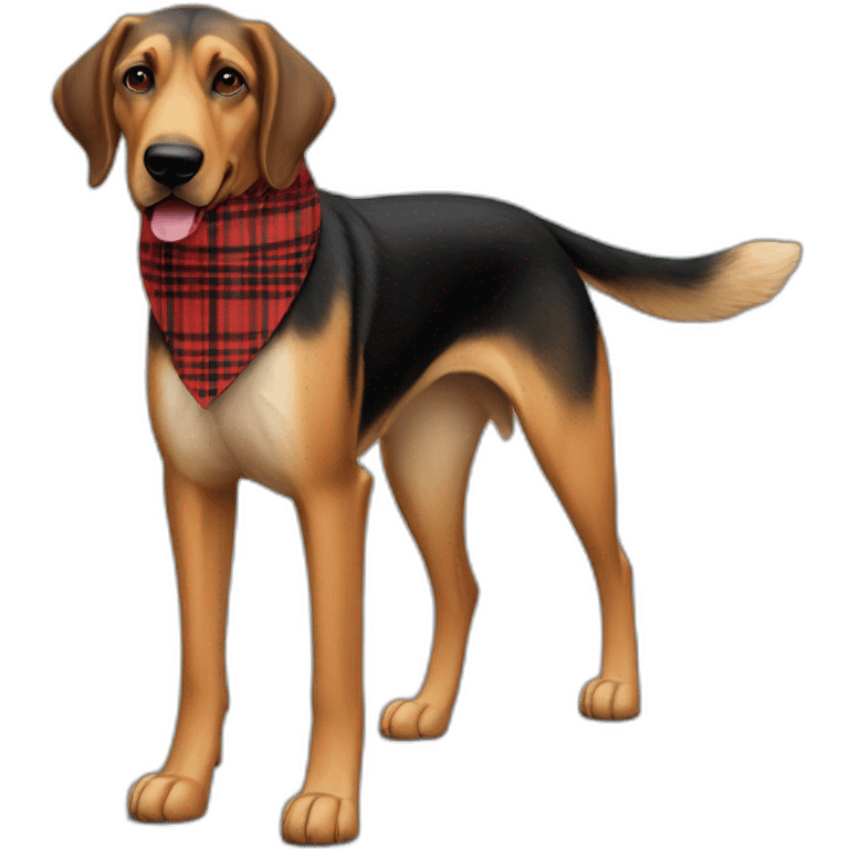 adult 75% Coonhound 25% German Shepherd mix dog with visible tail wearing small pointed red buffalo plaid bandana full body walking left quickly emoji