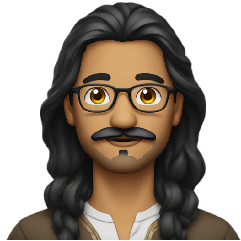 Indian man, with moustache and a goatee, with long wavy black hair, wearing glasses emoji