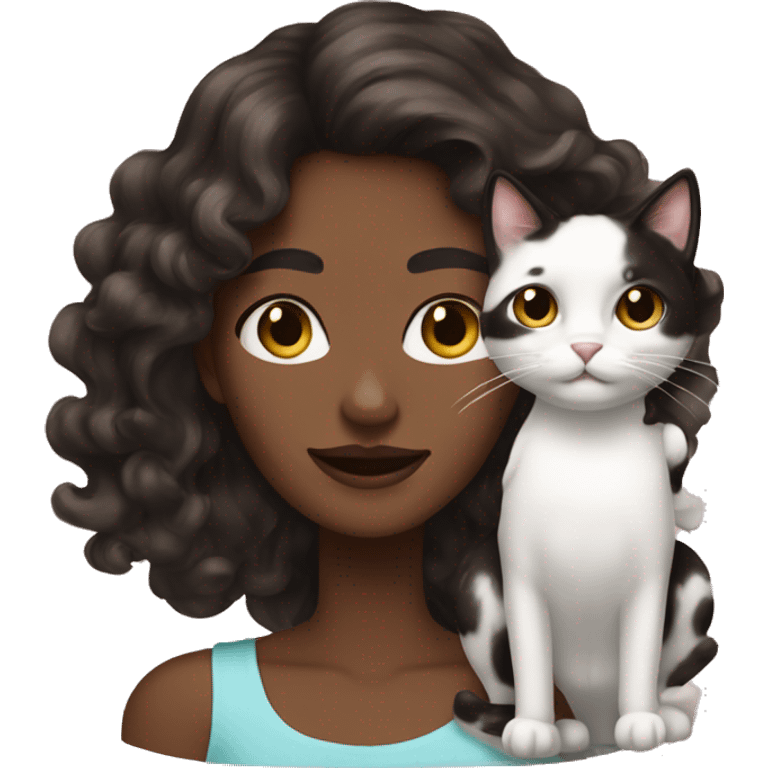 long wavy haired brown skin woman holding black and white cat emoji