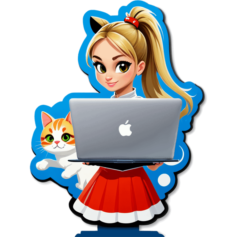 Blonde girl ponytail macBook and a cat emoji