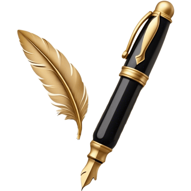 Create a delicate, artistic emoji representing poetry. The design should include a black fountain pen or quill with ink flowing gently onto a piece of parchment or scroll. Add soft, flowing lines to represent the fluidity of verse and creativity. Include elements like a small ink bottle or a feather in the background, and subtle accents of gold or silver to evoke elegance and inspiration. The overall design should feel light, romantic, and whimsical. Make the background transparent. emoji