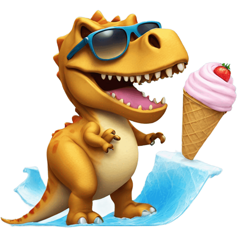 Dinosaur surfing eating ice cream with sunglasses emoji