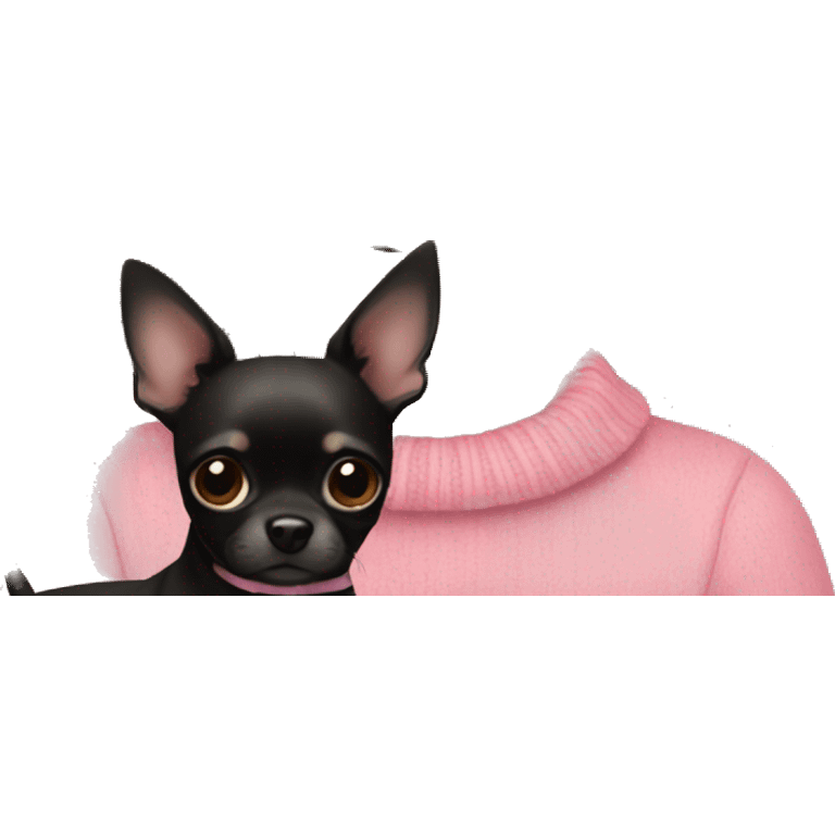 Girl with dark brown curly hair and brown eyes in a pink sweater holding a black chihuahua  emoji