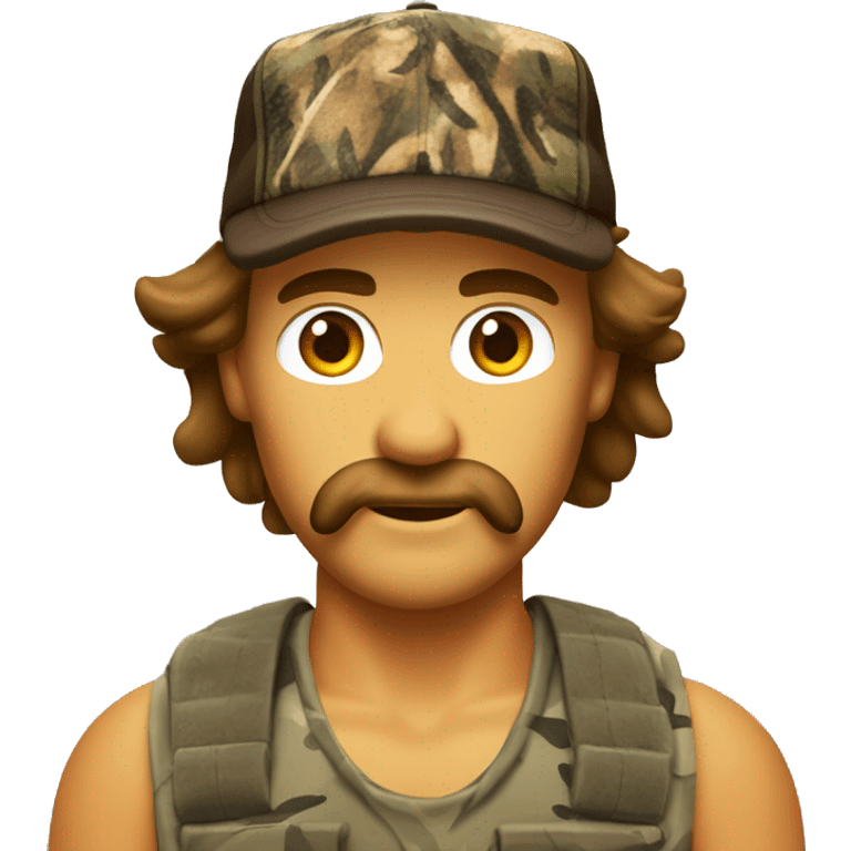 Redneck man with a brown mullet and brown mustache wearing duck camo and a trucker hat  emoji