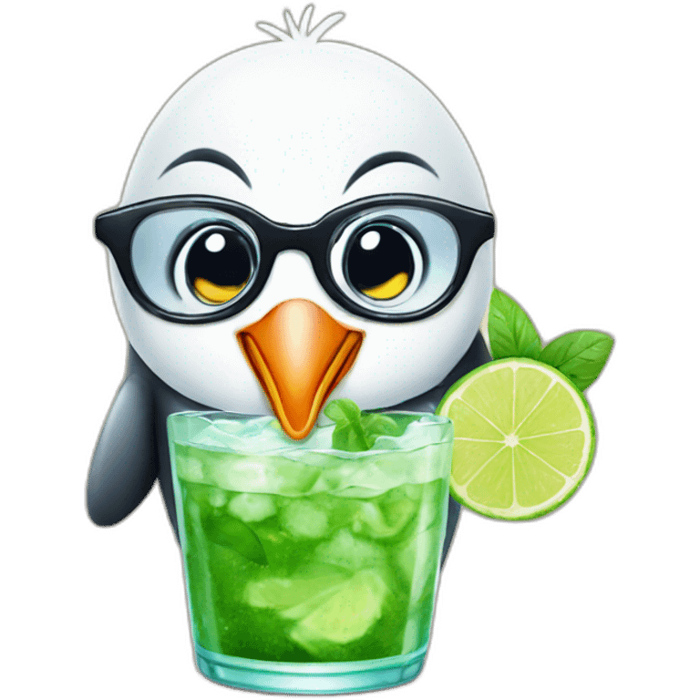 baby penguin with big glasses drinking mojito emoji