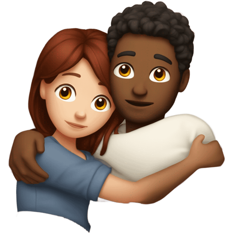 Burgundy haired girl and brunette boyfriend cuddling in bed emoji