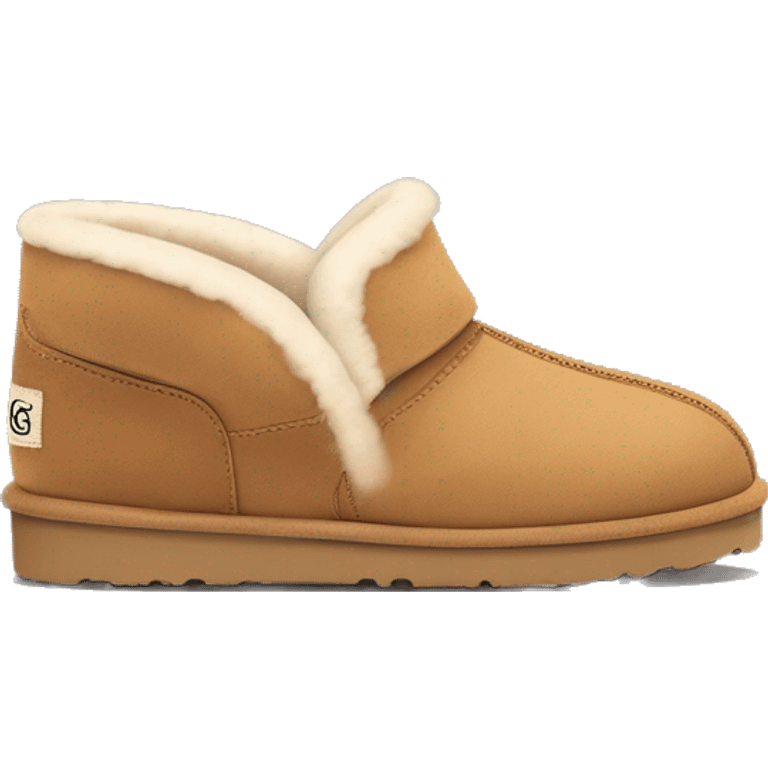 Ugg Camel slip-on slippers. red zig-zag stitch line encircling ankles, very chunky only platform sole. emoji