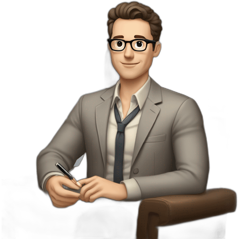 Pale skinned Fit Man With dark brown hair in gray jacket, beige office shirt, Brown pants and vintage glasses sitting In a soft chair with a notebook with emblem Ψ and a pen in his hands emoji