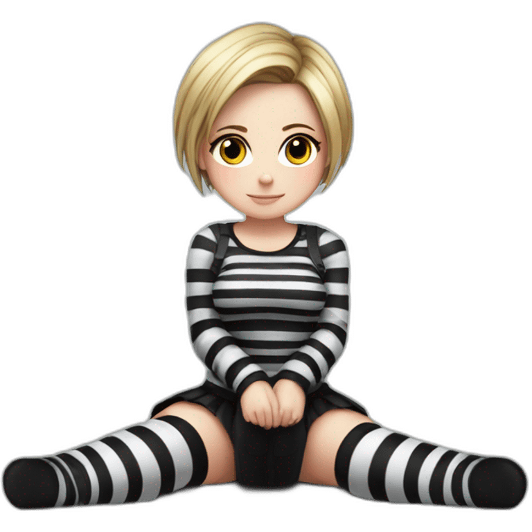 Full body Front view curvy emo girl sits on the floor straight view hands up black skirt striped stockings emoji