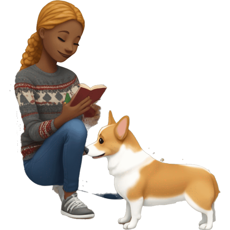 Ginger-blonde haired African American teen body playing with corgi in front of Christmas tree emoji