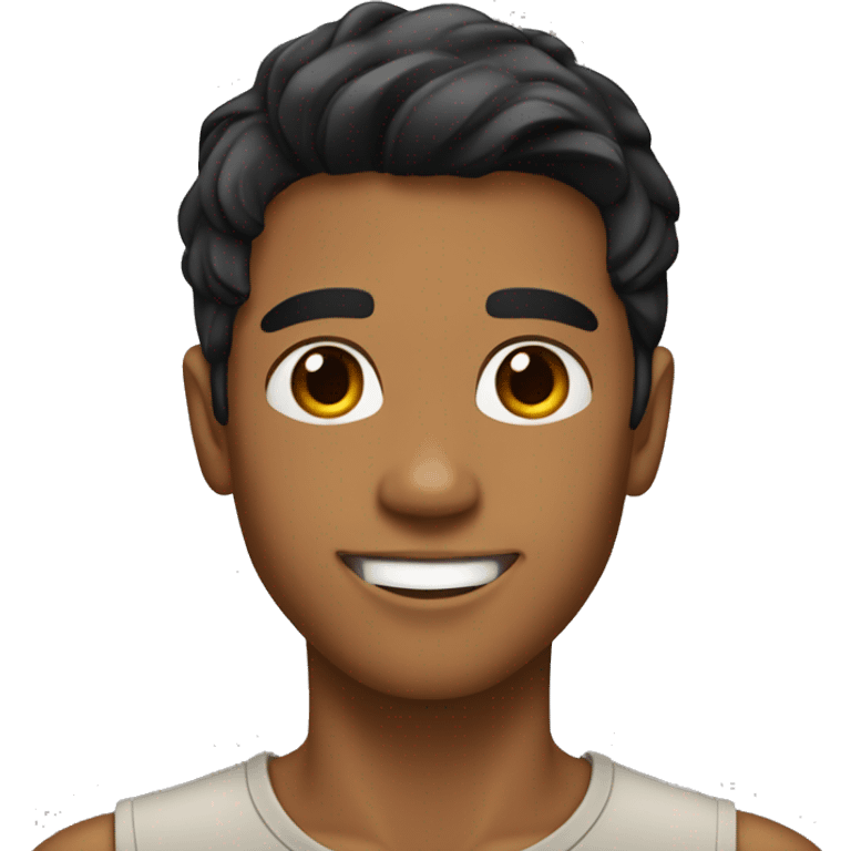 A young man with caramel brown skin, slightly longer black hair, a smiling face without a beard.  emoji