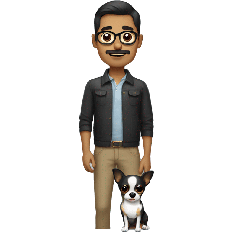 dark hair dark eye man with short mustache wearing glasses holding chihuahua emoji