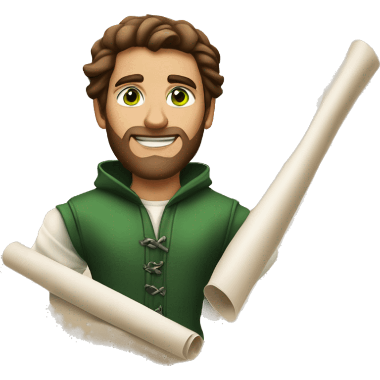 A light-skinned man with piercing green eyes, impeccably styled brown hair, and a confident demeanor holding the long white paper scroll emoji