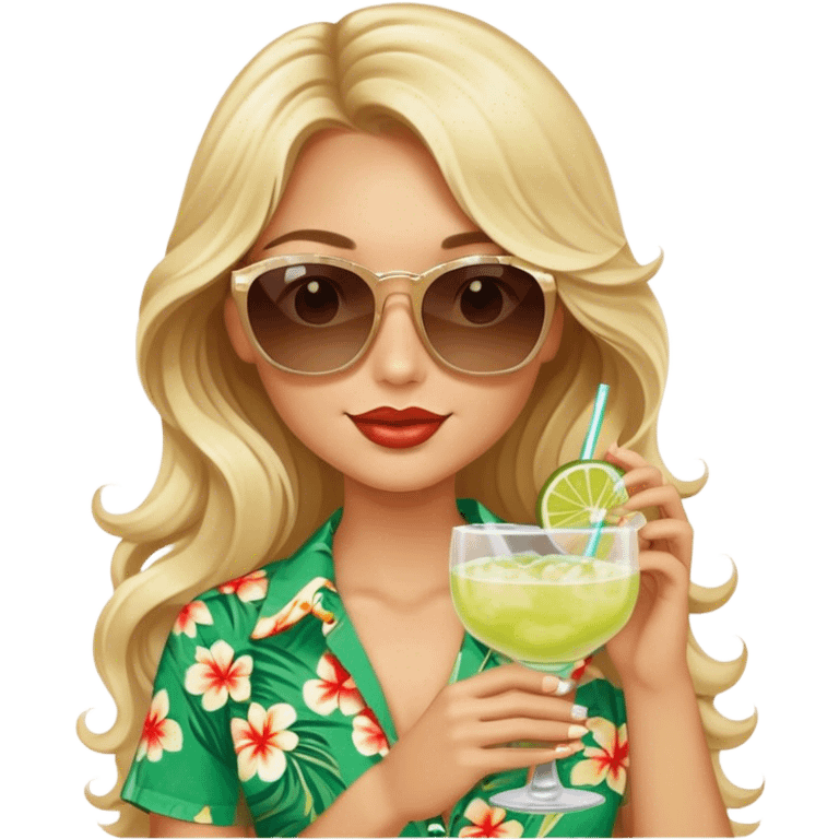 Blonde model with brown eyes, long wavy hair, margaritaville emoji