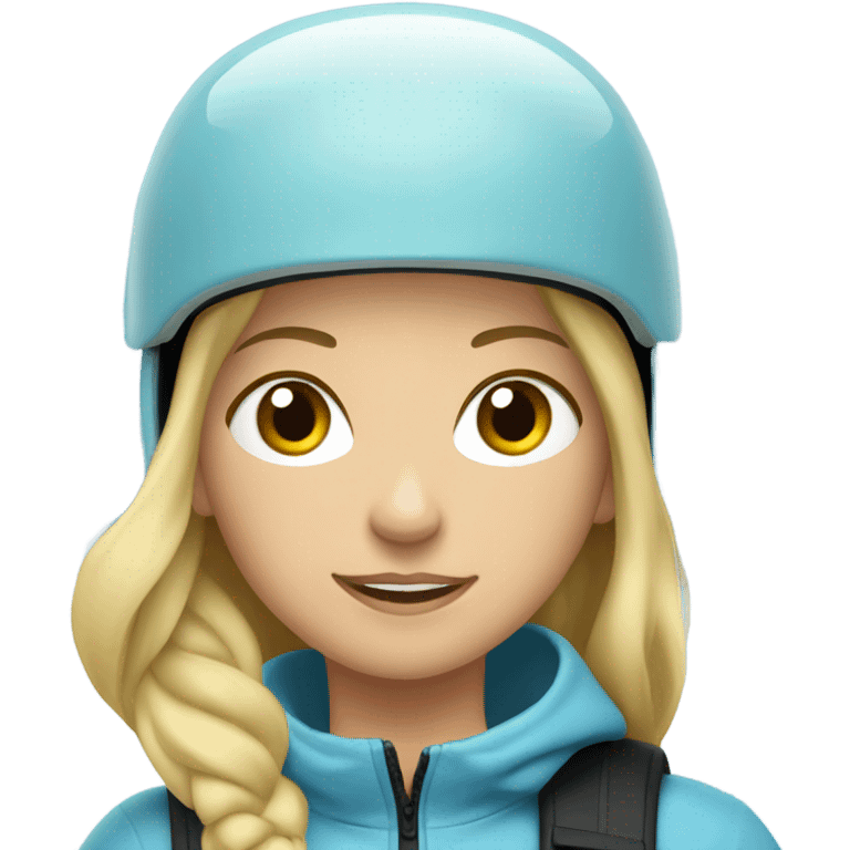 Blonde girl skiing with light blue jacket and black helmet near tree emoji