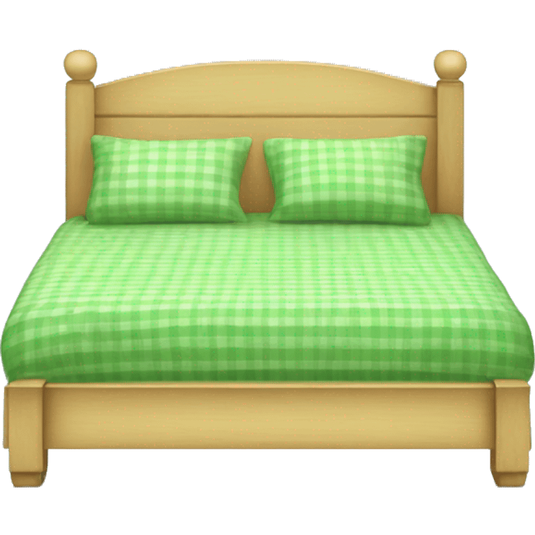 light wooden bed with green gingham beddings emoji