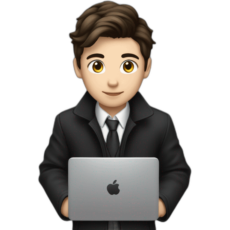 Classy programmer, 13 years old, coat, formal outfit, pc in hands, brunette boy, uses pc stays on pc, black coat, has pc in hands, all body see emoji